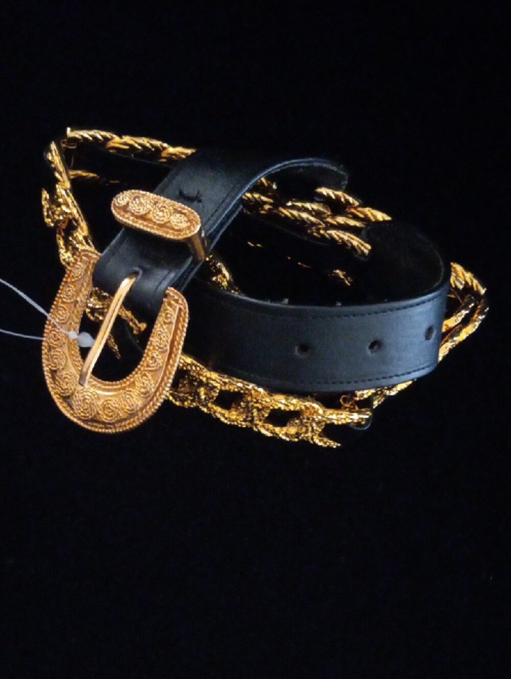 Vintage Black Leather Statement Belt Gold Tone Textured Links Heavy Hardware